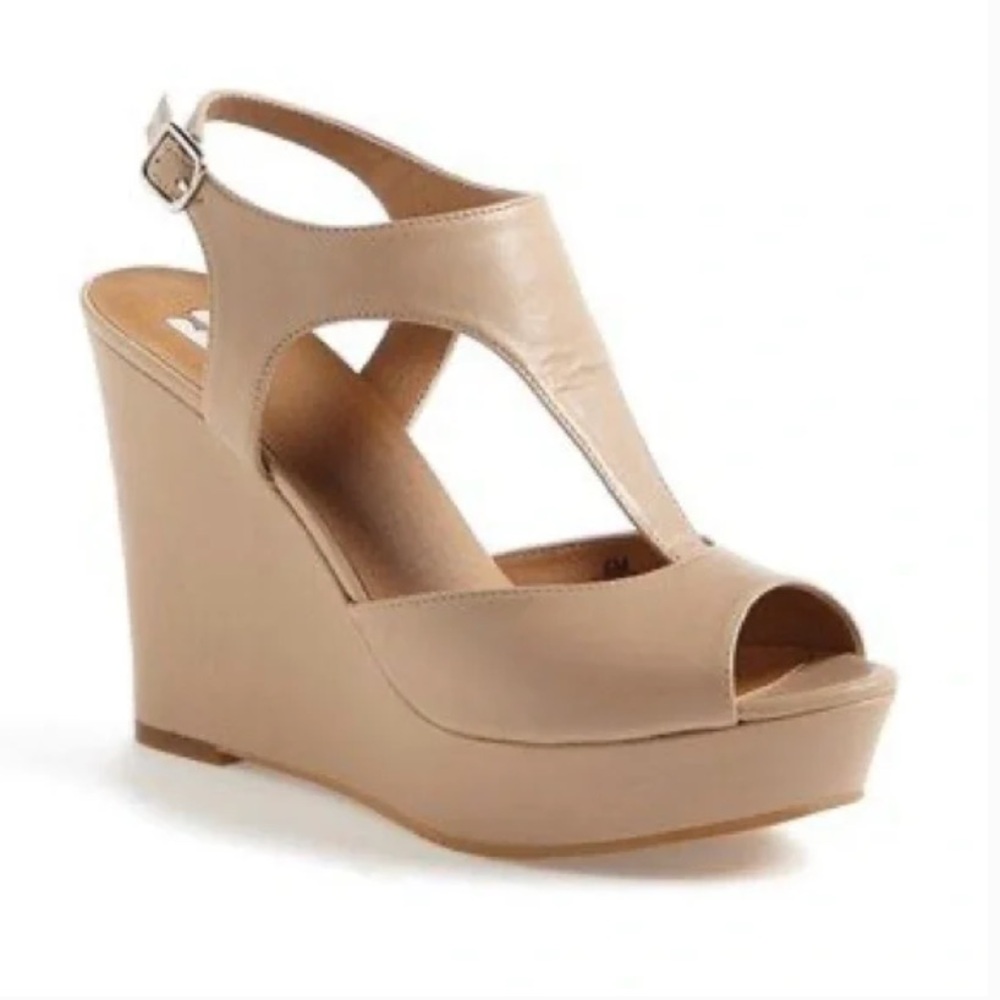 bp by Nordstrom Beige Vegan Leather Wedge Peep Toed Sandals Size 9
